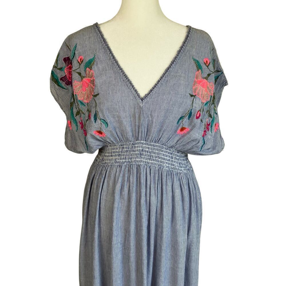 See And Be Seen Sz L Floral Embroidered Maxi Dress Striped Smocked Waist Beachy - Picture 5 of 16